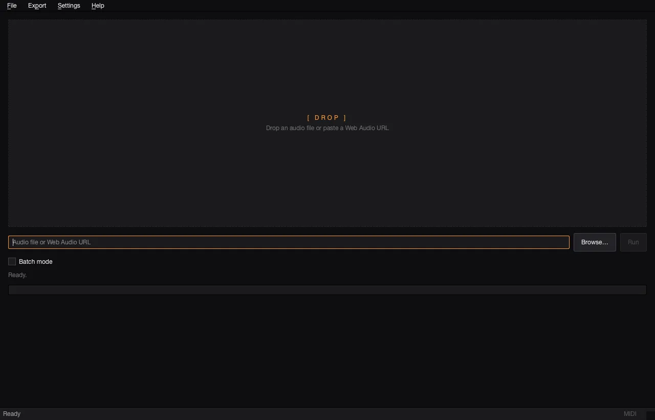 AutoSamplr first-launch screen with the source drop zone, Browse, Run, and Batch mode controls.