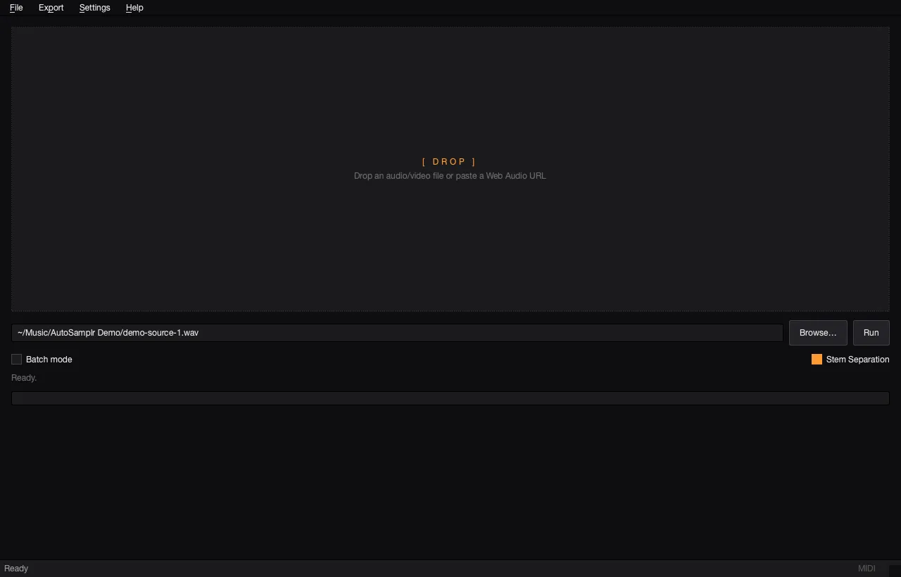 AutoSamplr run screen with a local demo audio source selected.