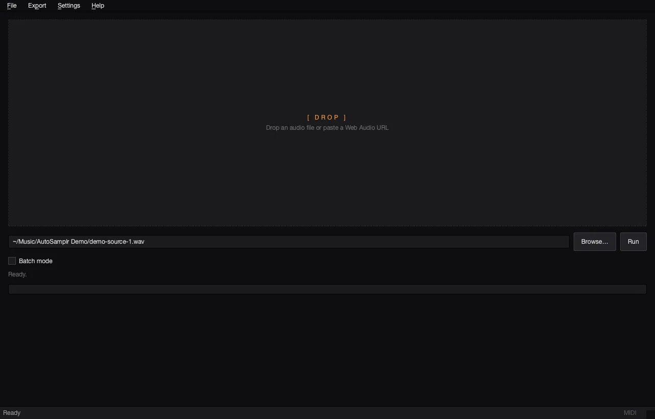 AutoSamplr run screen with a local demo audio source selected.