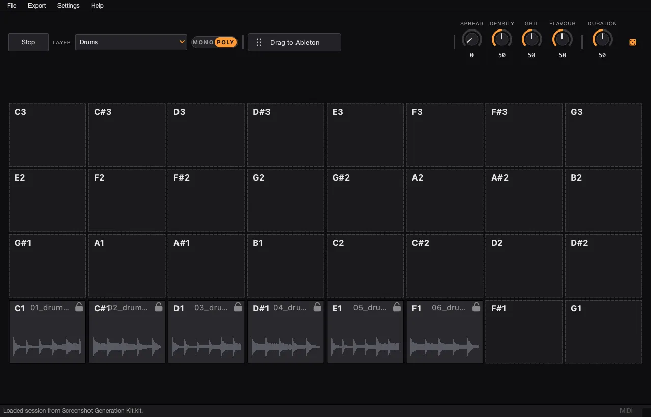 Loaded AutoSamplr demo kit showing the layer selector, macro controls, and pad grid.