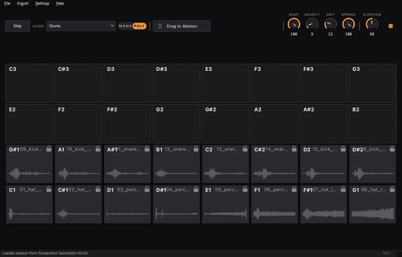 Loaded AutoSamplr demo kit showing the layer selector, macro controls, and pad grid.
