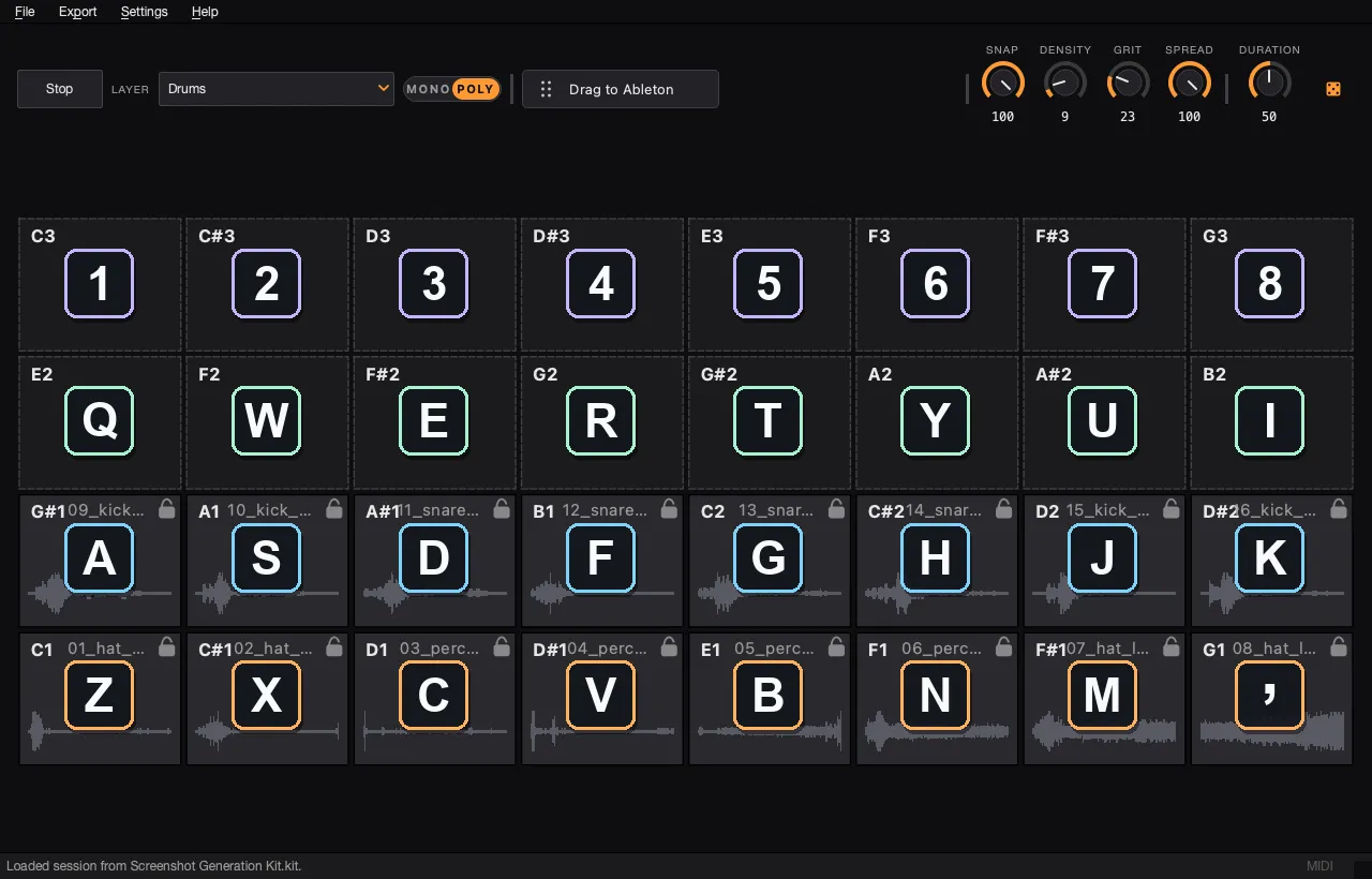 AutoSamplr results screen with centered computer keyboard keys overlaid on the pad grid.