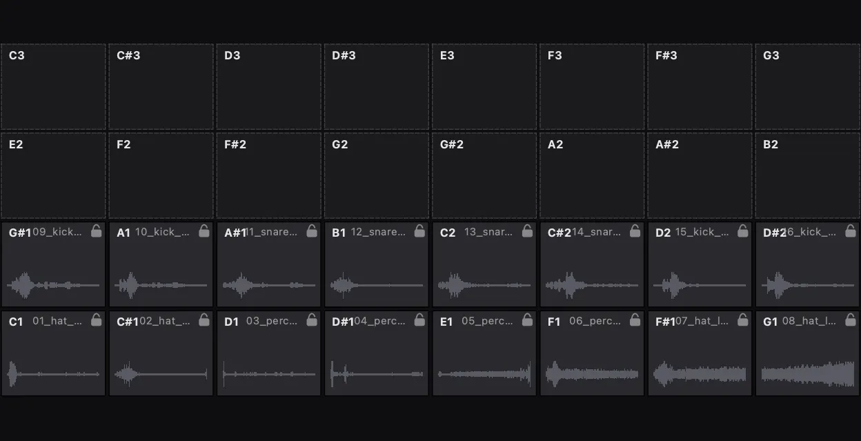 AutoSamplr pad grid with generated pads ready for playback.
