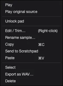 AutoSamplr pad action menu with playback, lock, edit, rename, copy, Scratchpad, selection, export, and delete actions.