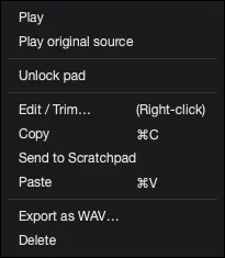AutoSamplr pad context menu with playback, lock, trim, copy, export, and delete actions.