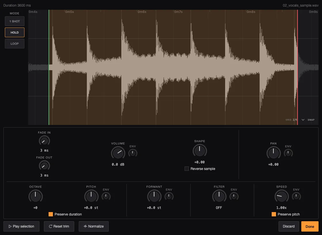 AutoSamplr trim editor opened on a vocal pad with a detailed waveform.