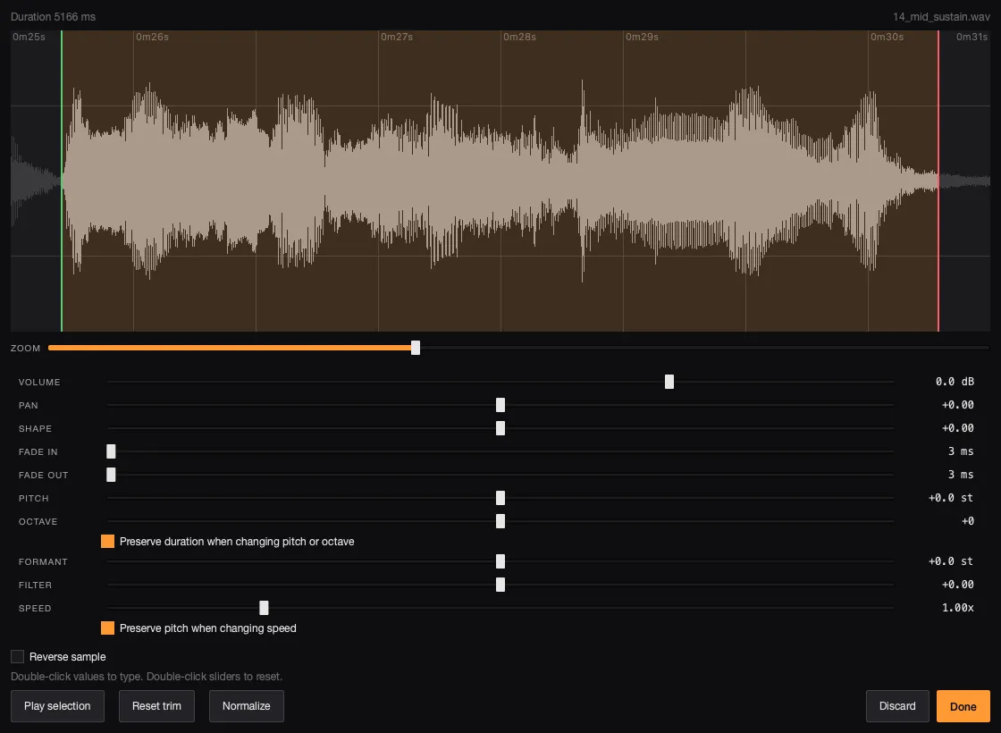 AutoSamplr trim editor opened on a vocal pad with a detailed waveform.