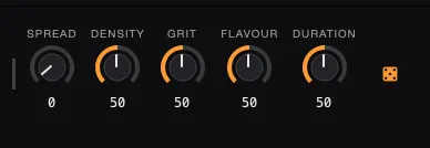 AutoSamplr Mix controls in order: Spread, Density, Grit, Flavour, and Duration.