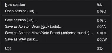 AutoSamplr File menu showing Open session and Save session actions.