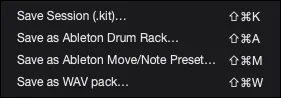 AutoSamplr Export menu showing session, Ableton Drum Rack, Move/Note, and WAV export actions.