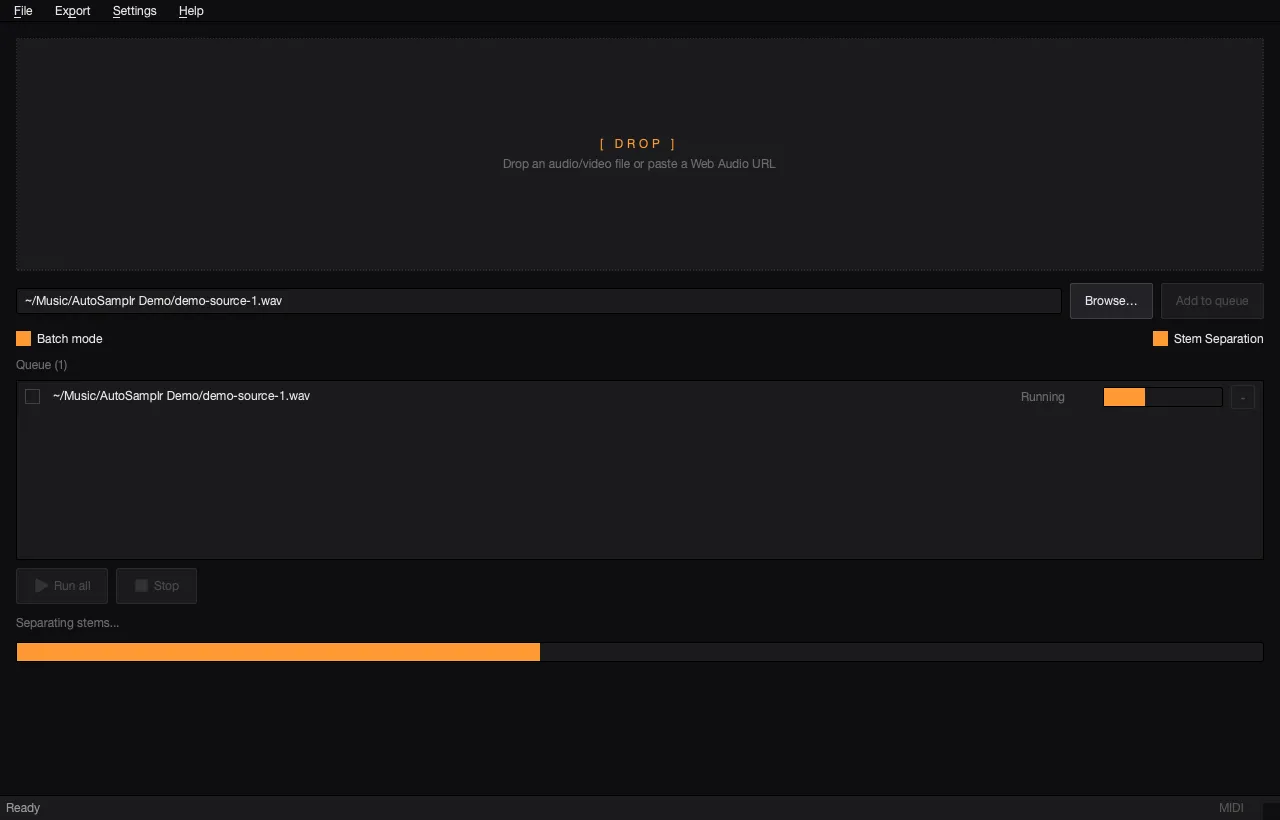AutoSamplr Batch mode queue with two demo sources and one running row.