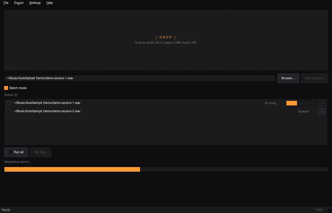 AutoSamplr Batch mode queue with two demo sources and one running row.