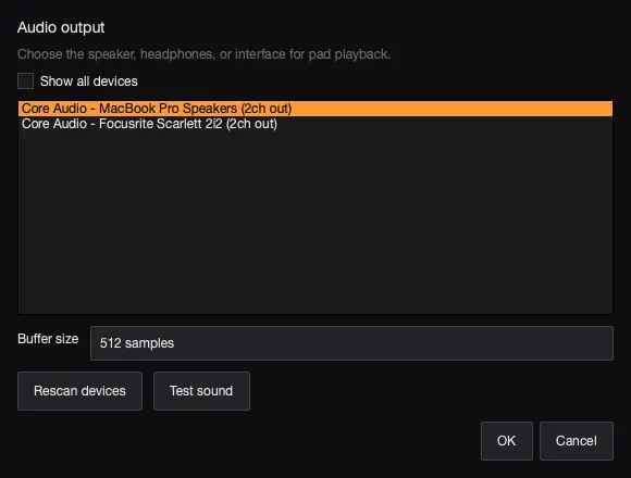 AutoSamplr Audio output settings dialog.