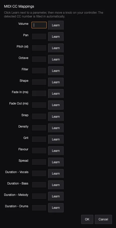 AutoSamplr MIDI CC mapping dialog.
