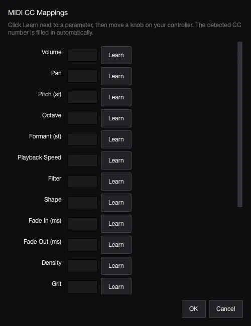AutoSamplr MIDI CC mapping dialog.