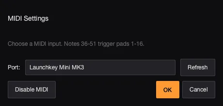 AutoSamplr MIDI input settings dialog.